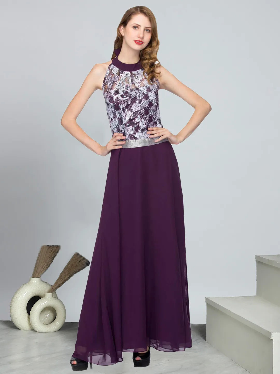 Dark Purple Lace Details Halter Neck Sleeveless Gown Dress