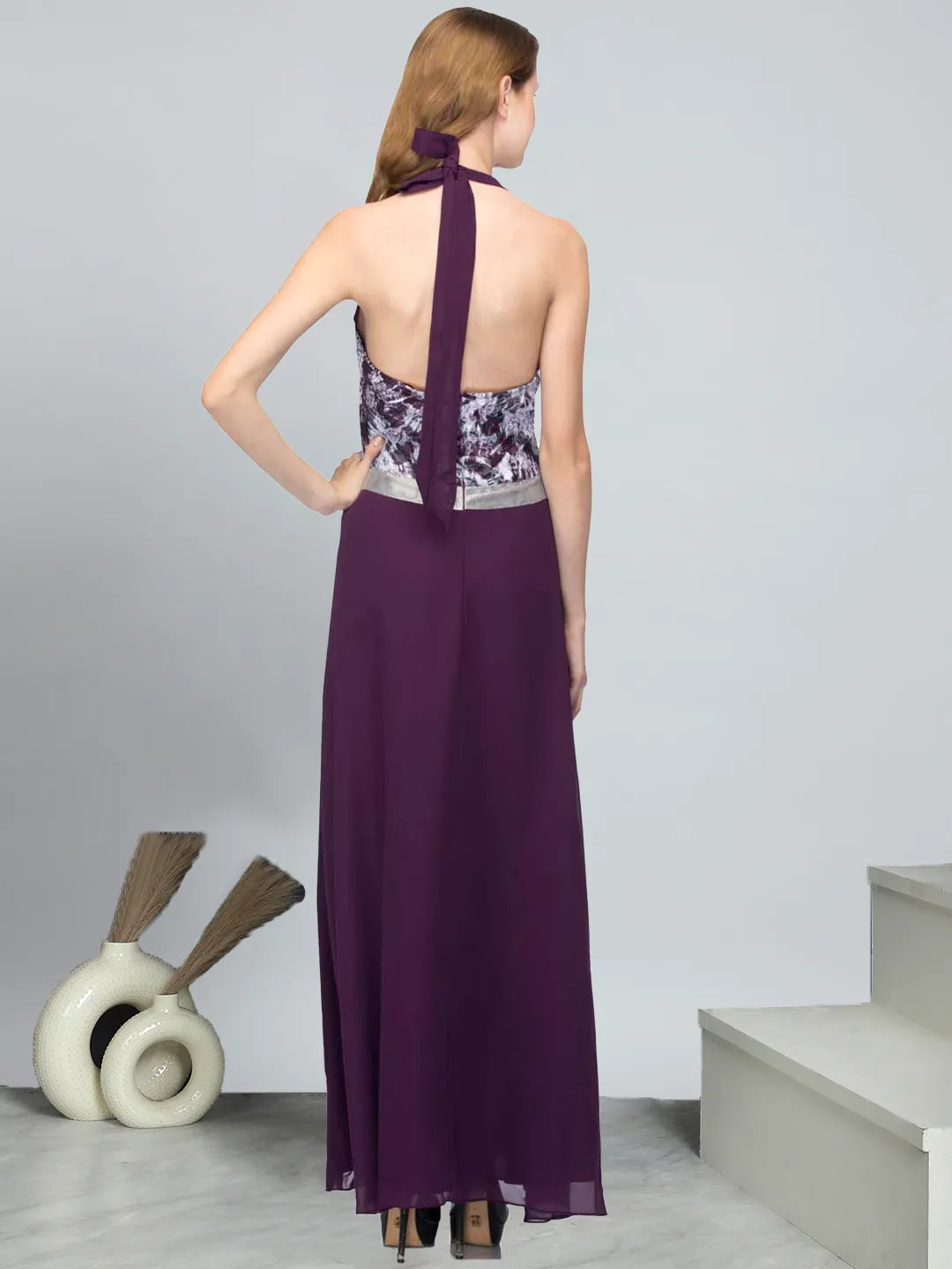 Dark Purple Lace Details Halter Neck Sleeveless Gown Dress