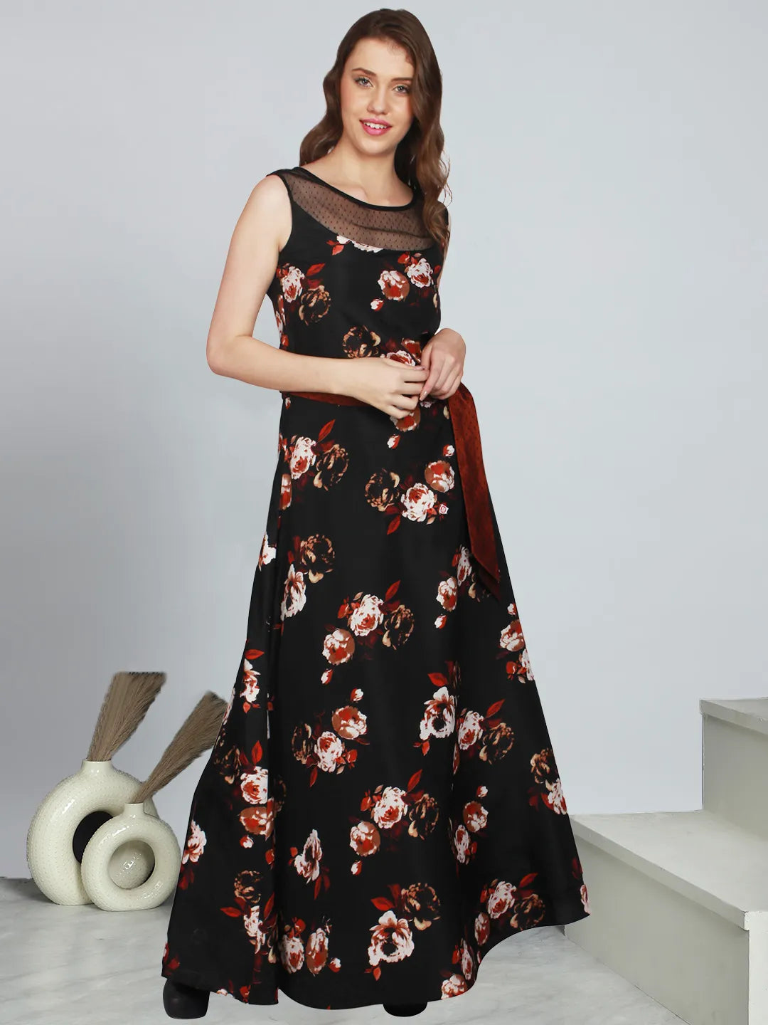 Floral Print Crepe Fit & Flare Gown Dress