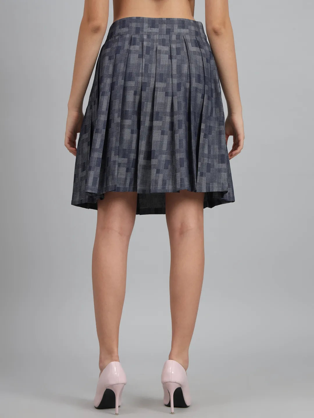 Grey & Blue above knee-length Pure Cotton Checked Flared Mini Skirt
