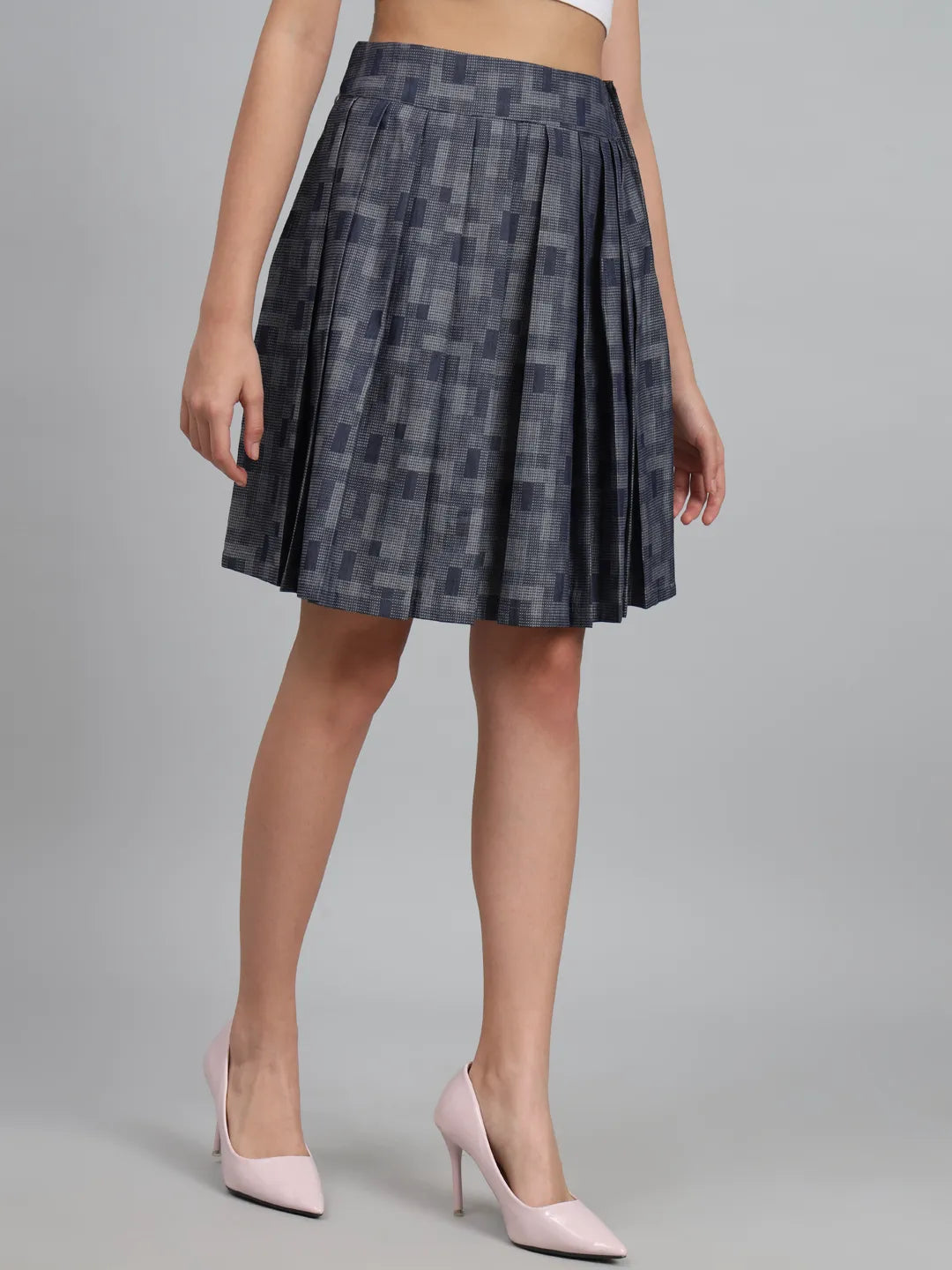 Grey & Blue above knee-length Pure Cotton Checked Flared Mini Skirt