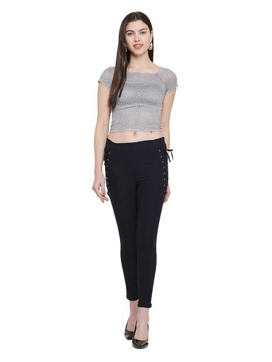 Black Solid Skinny Fit Lace-Up Cropped Jeggings