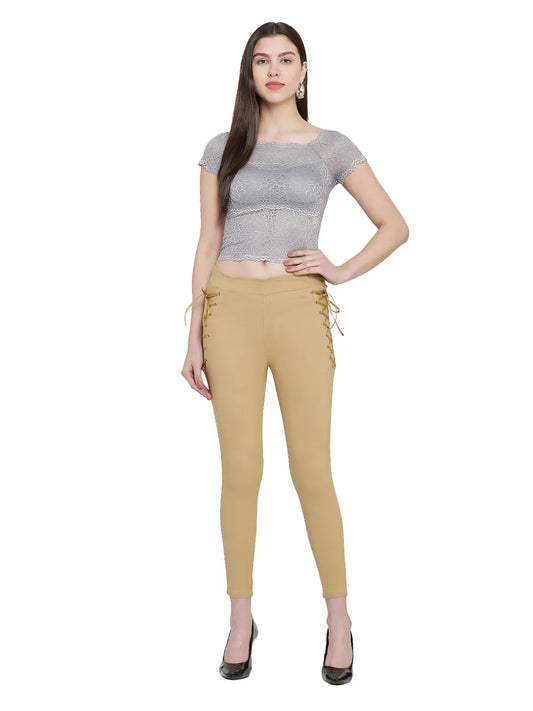 Beige Solid Skinny Fit Lace-Up Cropped Jeggings