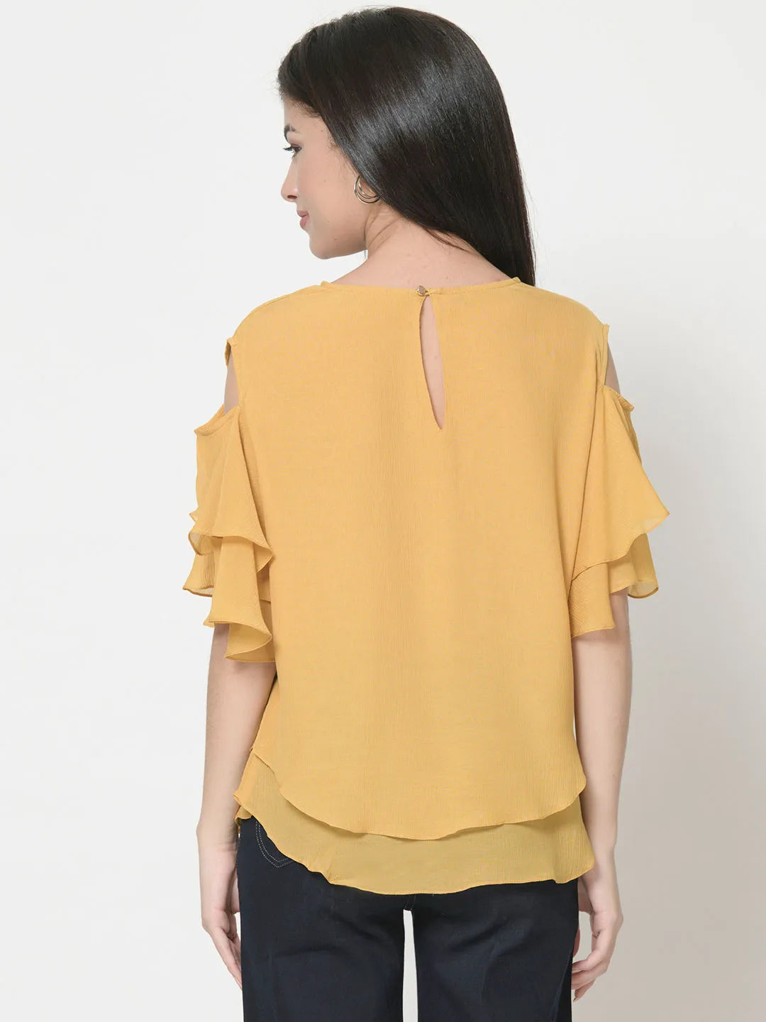 urSense Women Mustard Yellow Solid round neck, three-quarter layered sleeves, Top