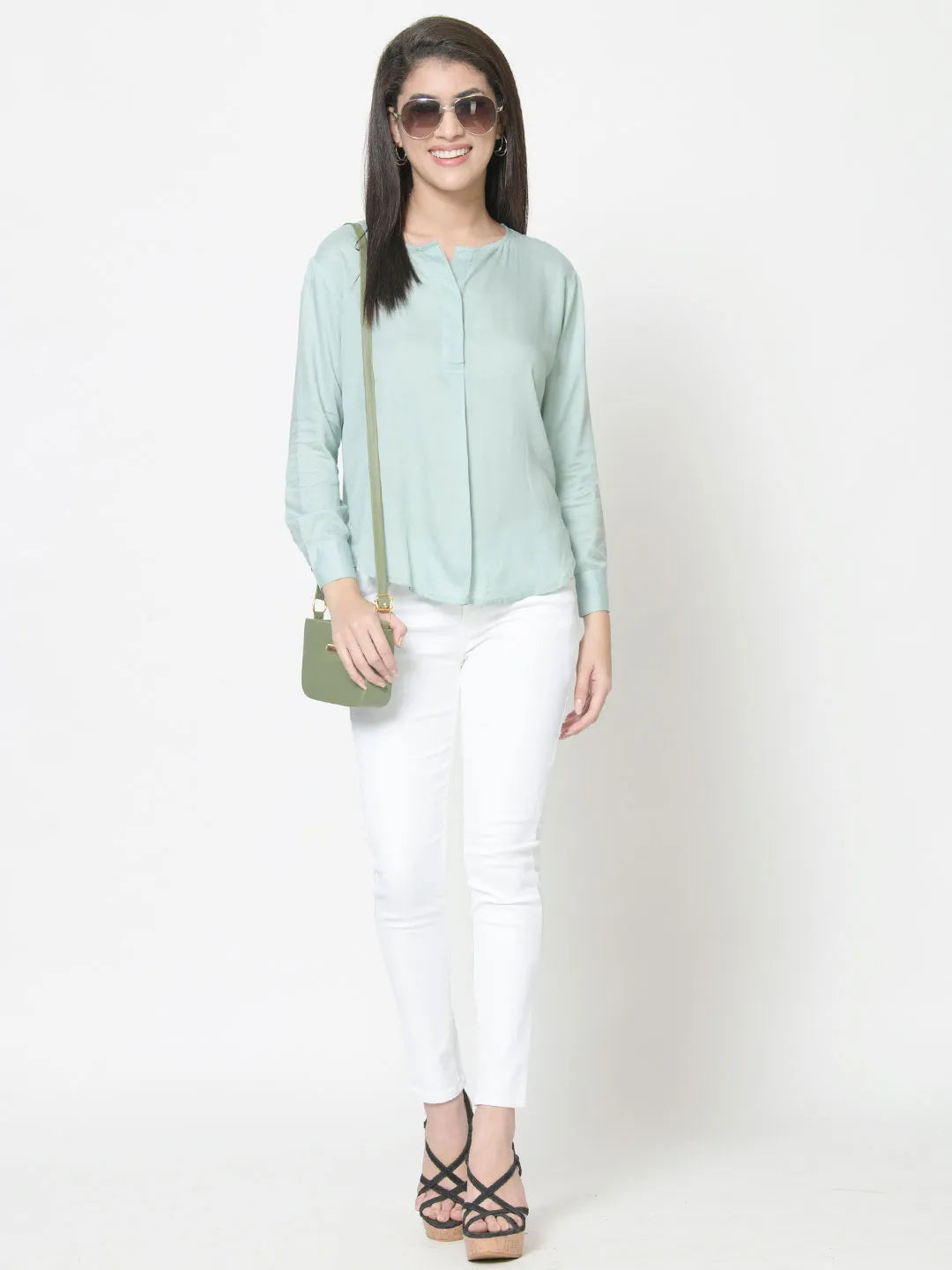 urSense Women Green-Coloured Standard Regular Fit Solid Cotton Casual Top
