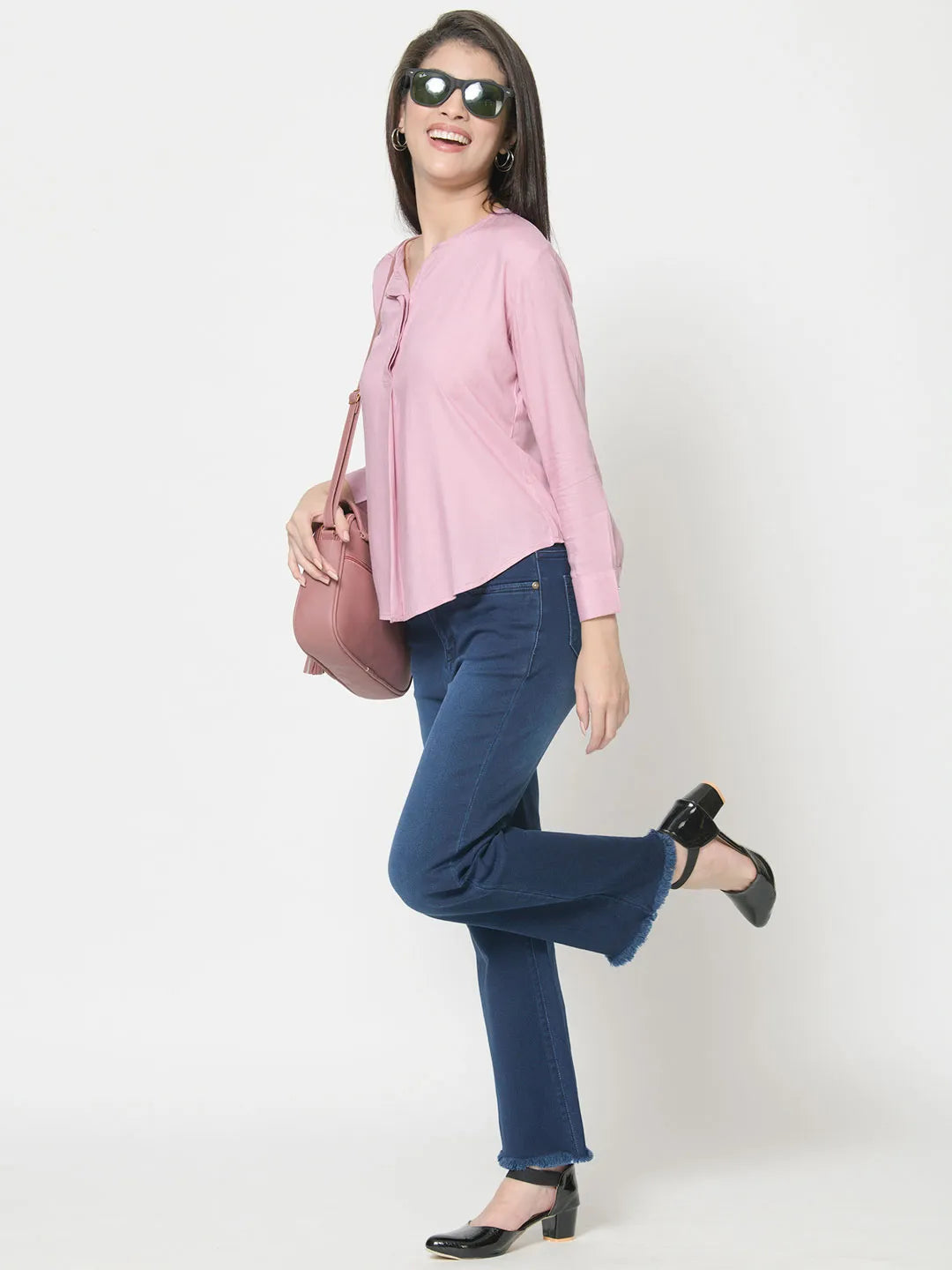 urSense Women Pink-Coloured Standard Regular Fit Solid Cotton Casual Top