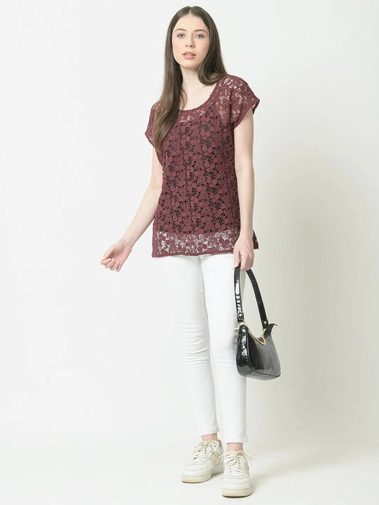 Lace Ethnic Maroon Color Round Neck Short Sleeve Sheer Top