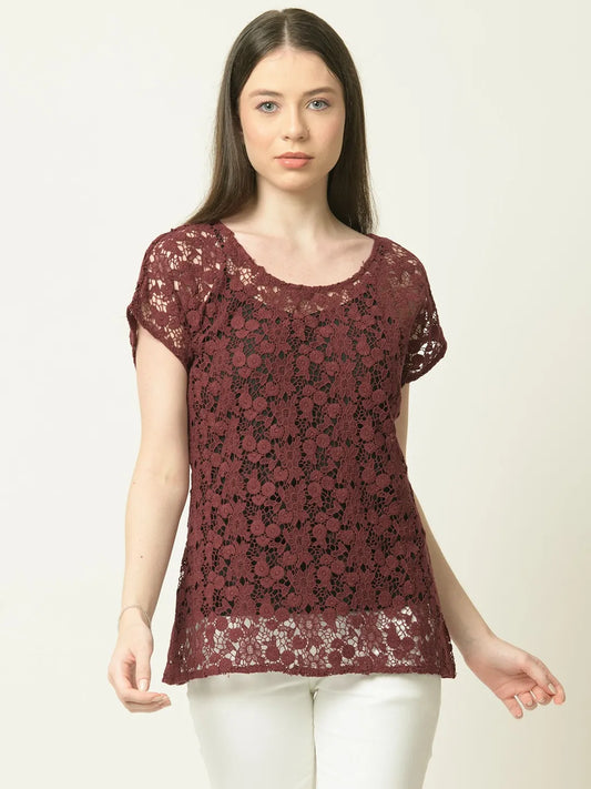 Women Lace Ethnic Maroon Color Round Neck Short Sleeve Sheer Top