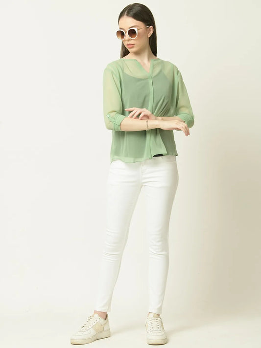 green solid Roll-Up Sleeves regular top