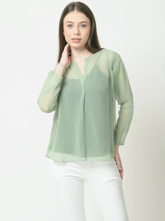 urSense women green solid Roll-Up Sleeves regular top
