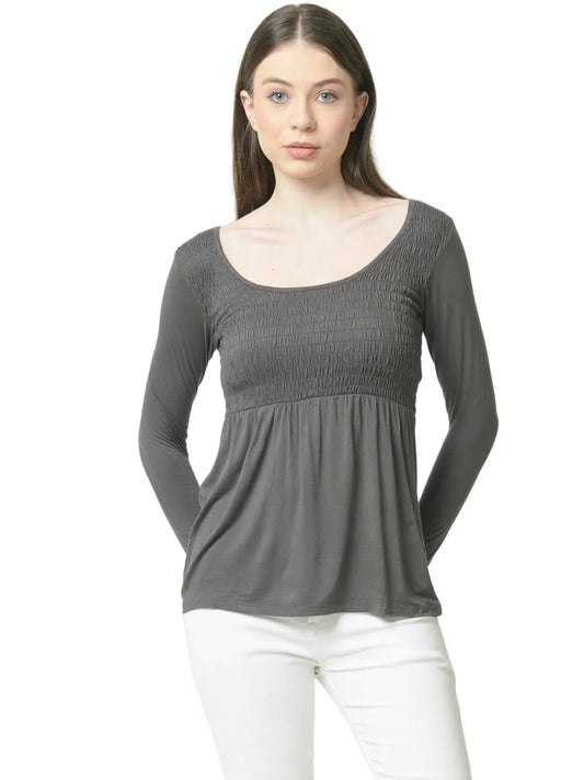 Grey Cotton Knit Smocked detailing at bust Round Neck Top