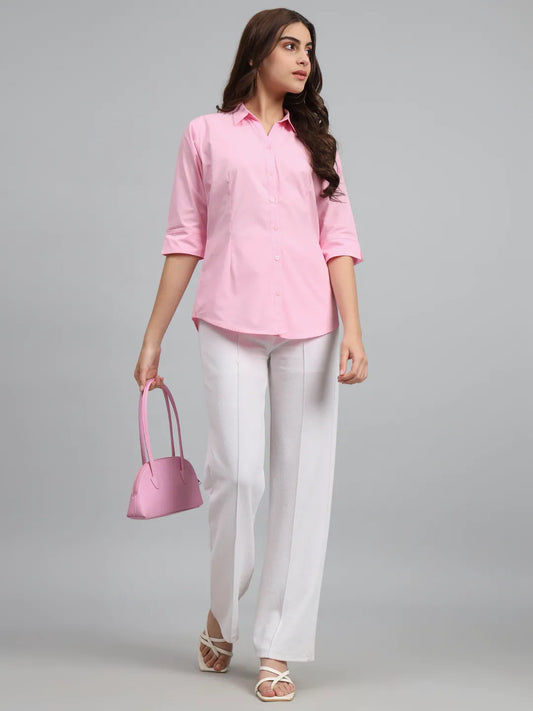 Women Pink Regular Fit Solid Casual Shirt