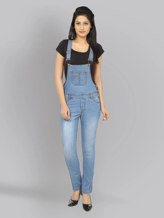 Women Blue Slim Fit Washed Dungarees With T-Shirt