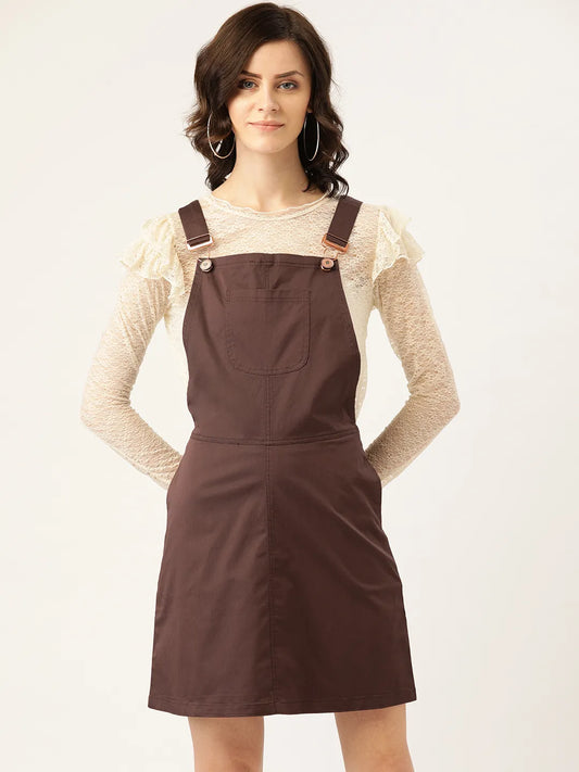 urSense Coffee Brown solid knitted pinafore dress, has a square neck, sleeveless, and flared hem