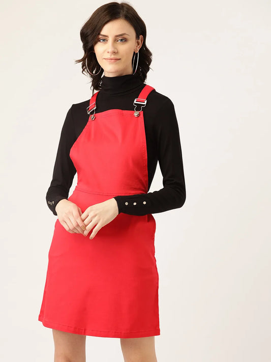 urSense Red solid knitted pinafore dress, has a square neck, sleeveless, and flared hem