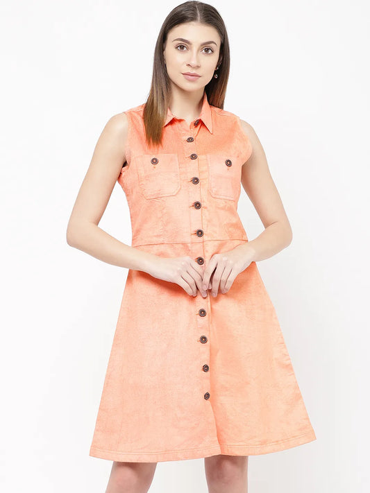 urSense Women Peach Solid Velvet Finish Shirt Dress