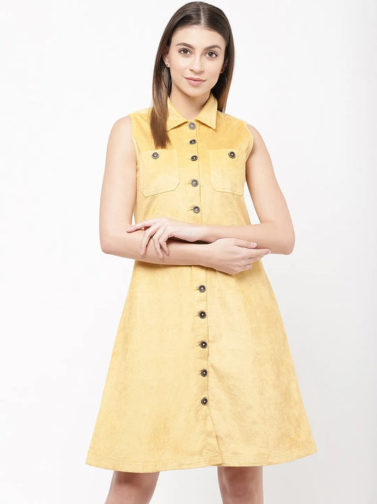 urSense Women Yellow Solid Velvet Finish Shirt Dress