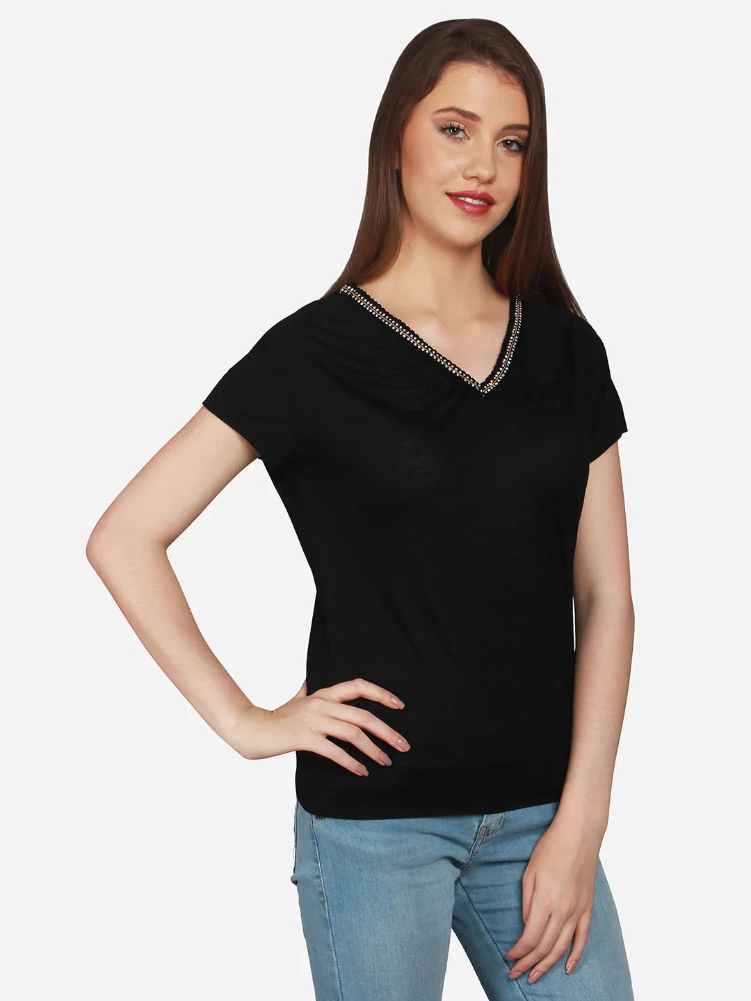urSense Black Knitted hojari V-Neck and short sleeves Solid Top
