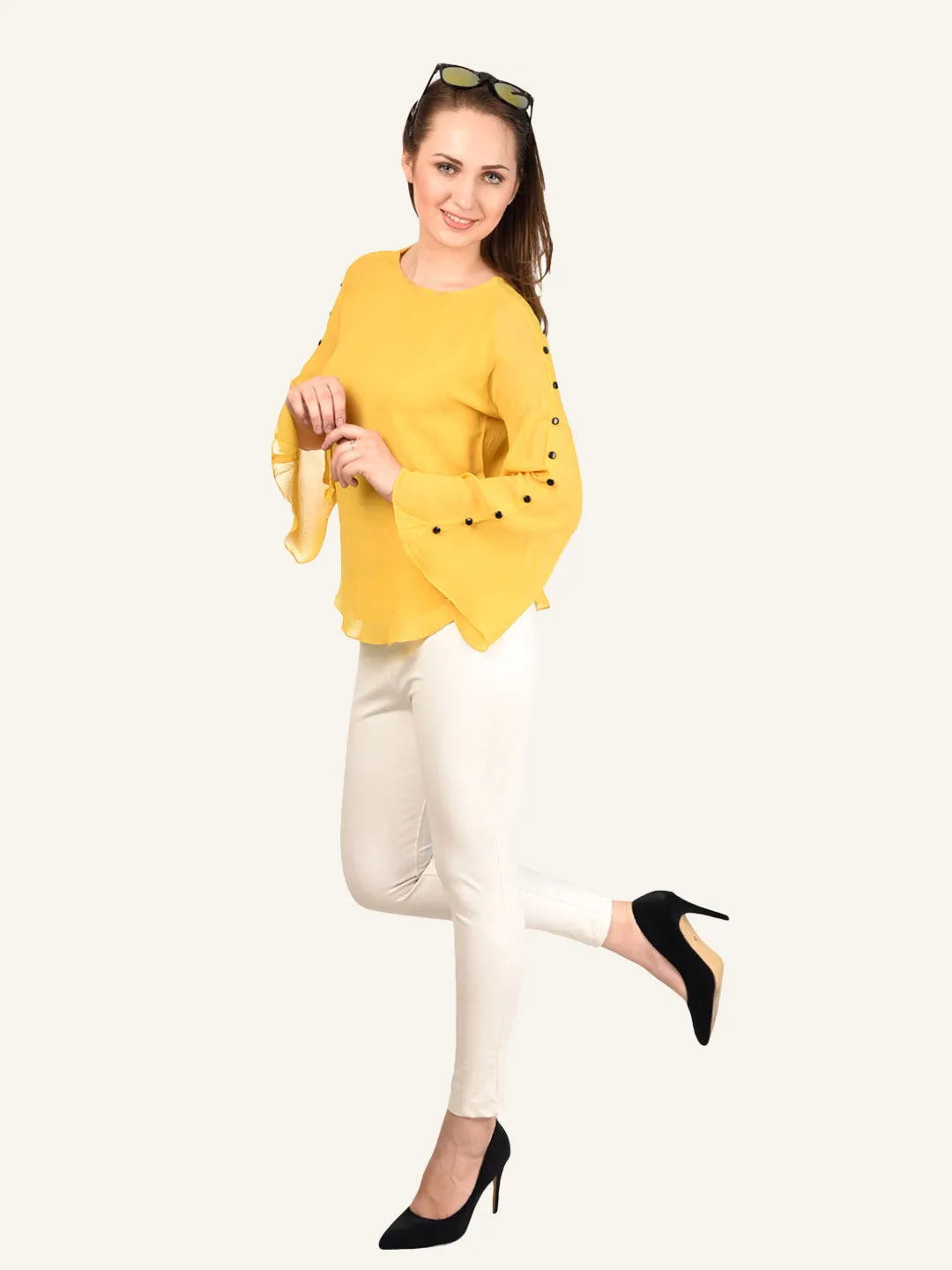 urSense Yellow self-design woven regular top, has a round neck,long sleeves, button closure.