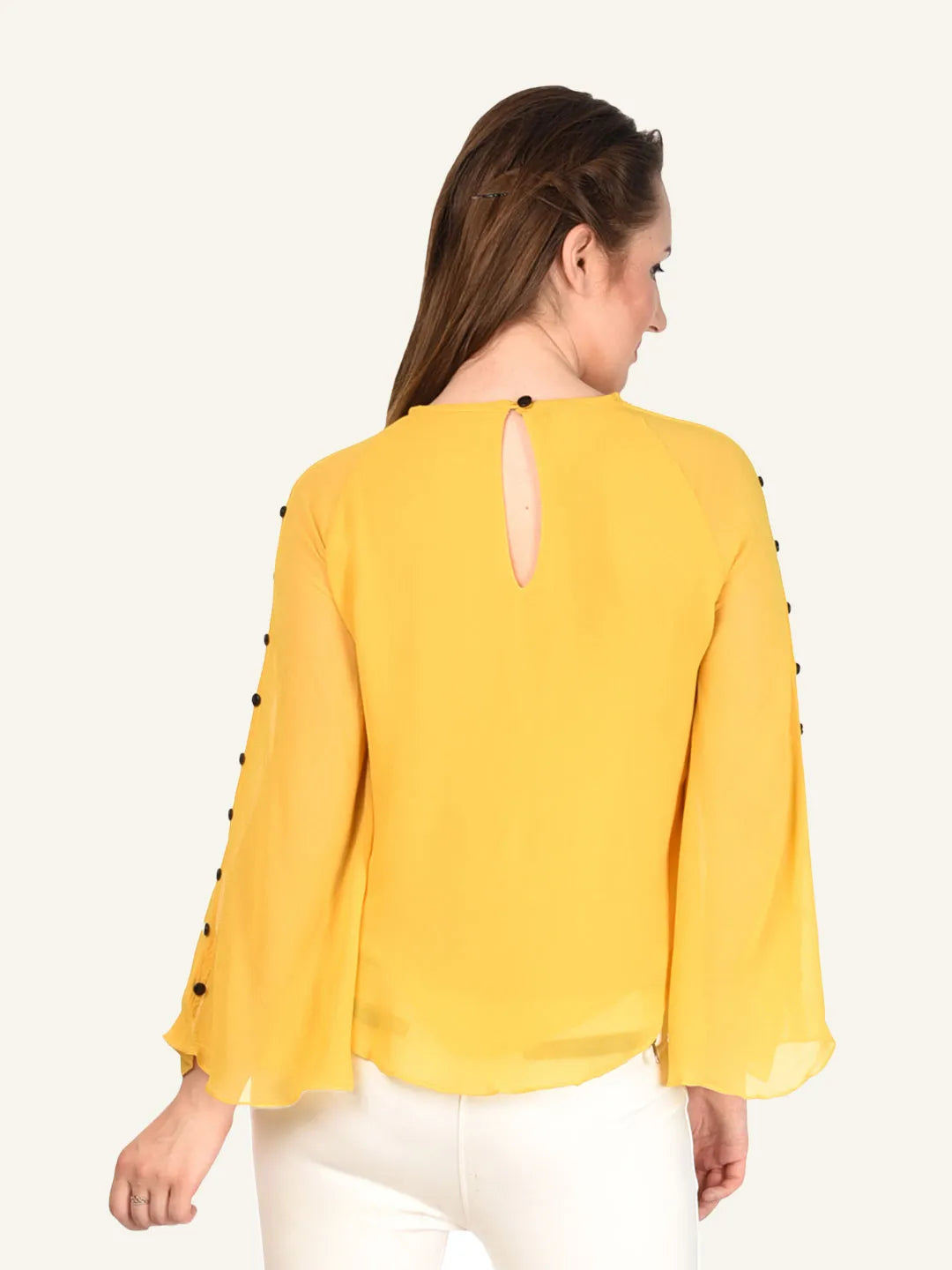 urSense Yellow self-design woven regular top, has a round neck,long sleeves, button closure.