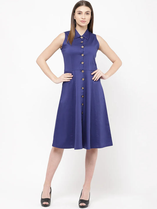 urSense Women Navy Blue Solid Shirt Dress