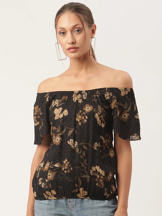 urSense Black regular top Floral print Off-shoulder, short, flared sleeve sleeves Gathered