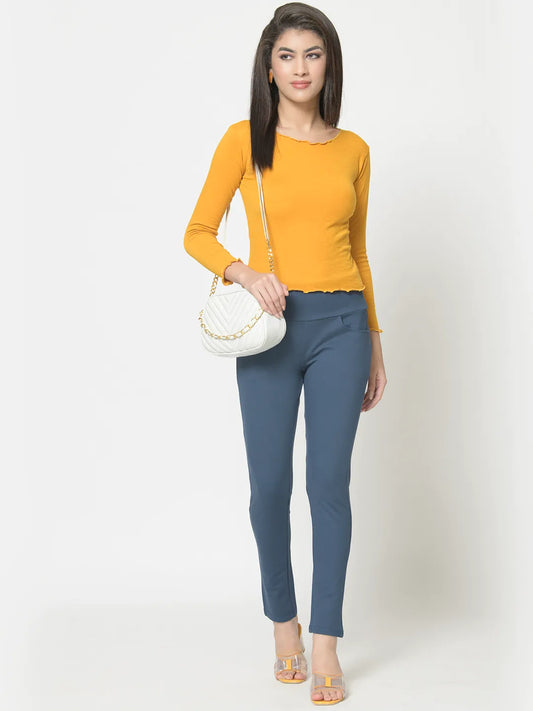 Yellow Cotton Knit Round-Neck Regular Sleeves Ribbed Crop Top