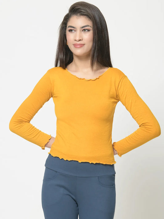urSense Women Yellow Cotton Knit Round-Neck Regular Sleeves Ribbed Crop Top