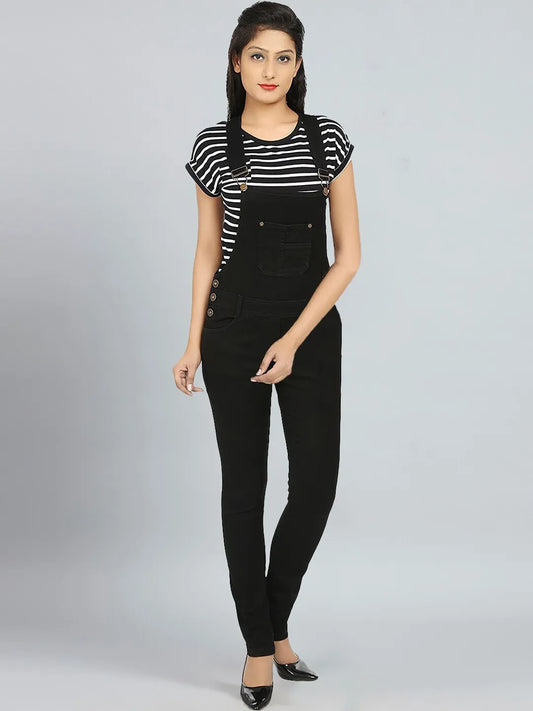 Women Black Slim Fit Washed Dungarees With T-Shirt
