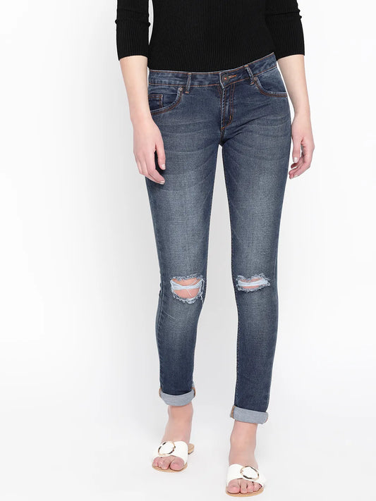 Women Navy Blue Slim Fit Mid-Rise Slash Knee Stretchable Jeans