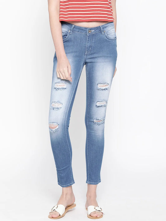 Women Blue Slim Fit Mid-Rise Mildly Distressed Stretchable Cropped Jeans