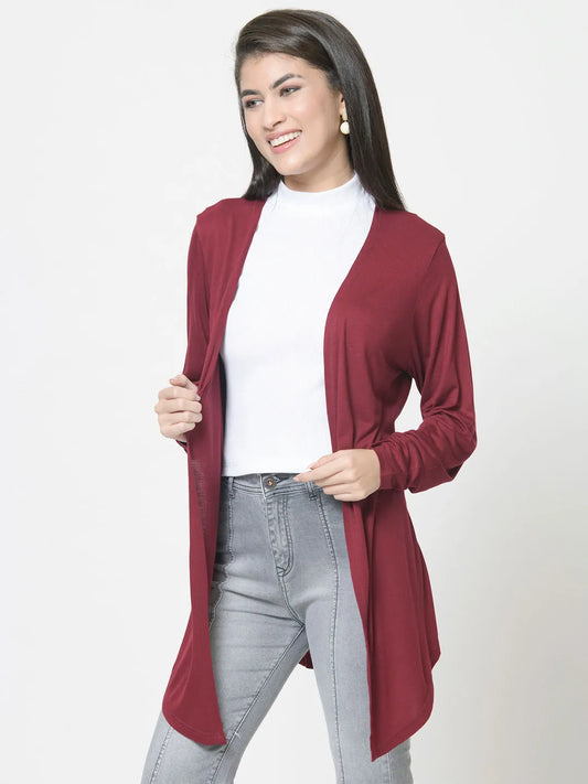 Maroon Solid Cotton Knitted Long Sleeves Front-Open Shrug