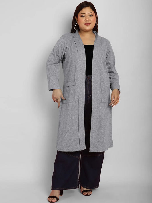 Grey Plus Size Self Design Longline Open Front Fleece Shrug